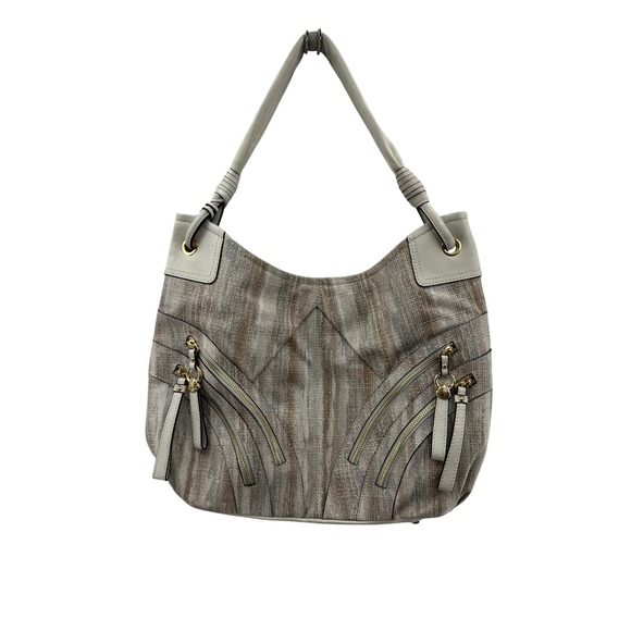 MAKOWSKY Hobo Bag Beige Brown Stripe Leather Trim Leopard Lining Purse - Picture 1 of 13